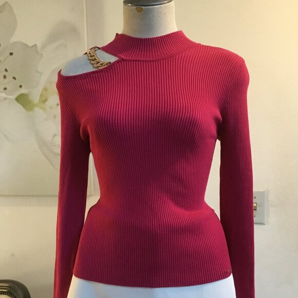 GUESS Ribbed Halter Sweater Pullover Cutout Chains Long Sleeve Logo Pink S - Picture 1 of 6